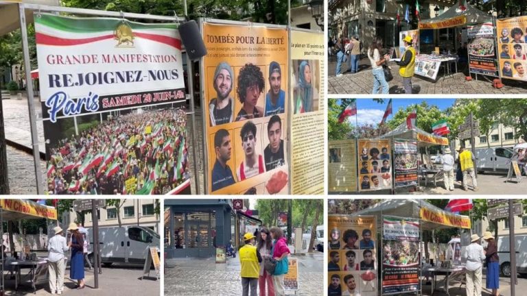MEK supporters in Paris rally against executions and promote the June 20 Free Iran gathering.
