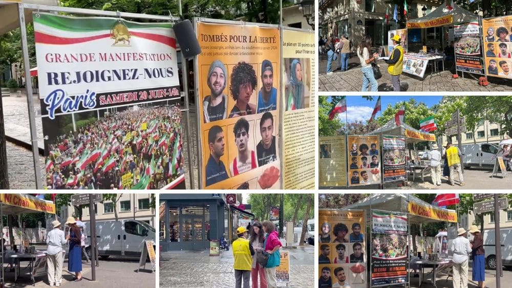 MEK supporters in Paris rally against executions and promote the June 20 Free Iran gathering.
