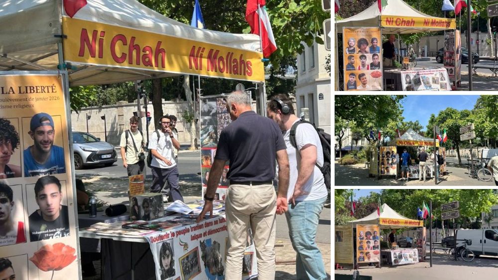 Paris exhibition condemns executions by Iran regime and appeasement of mullahs, calls for democratic republic.