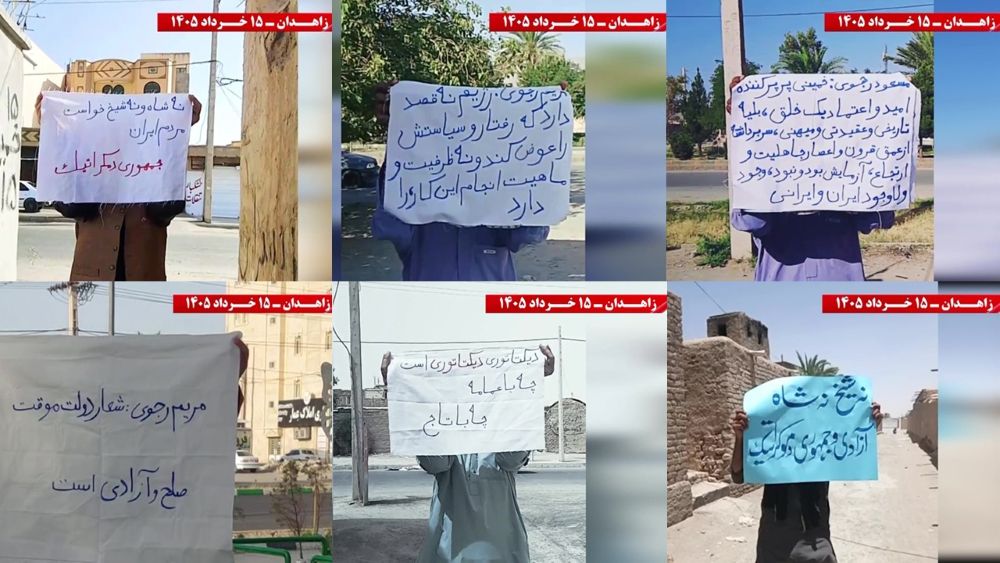 Banners and leaflets displayed by MEK Resistance Units in Zahedan promote freedom, equality, and a democratic republic while rejecting both monarchy and clerical rule.