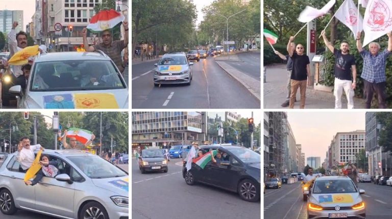 A car convoy moves through Berlin as supporters welcome the UK's designation of the IRGC as a terrorist organization.