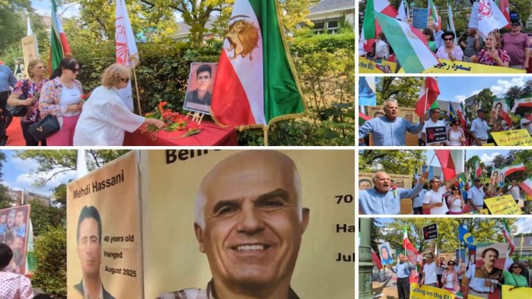 Protest in Brussels against Iran’s executions, honoring PMOI member Mehdi Khanaki and executed protesters.