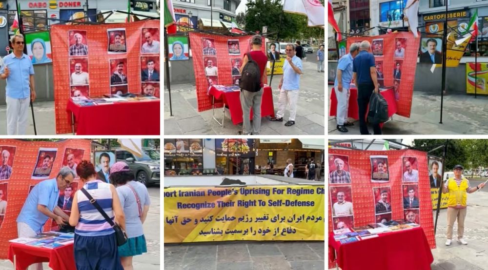 MEK supporters protest Iran regime executions with a photo exhibition and information stand in Bucharest, calling for freedom of political prisoners.