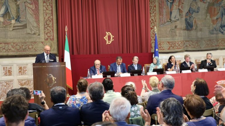 Fabio Rampelli addresses an international conference on Iran at Italy’s Chamber of Deputies.