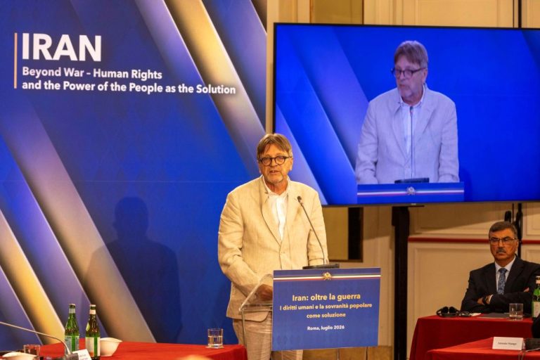 Former Belgian Prime Minister Guy Verhofstadt addresses the Rome conference supporting democratic change in Iran, July 17, 2026.