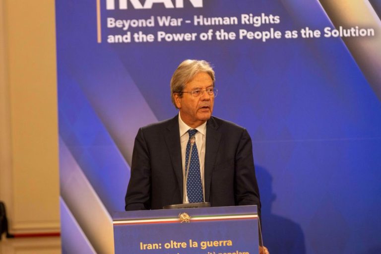 Former Italian Prime Minister Paolo Gentiloni speaks at the “Iran Beyond War” conference in Rome, July 17, 2026.