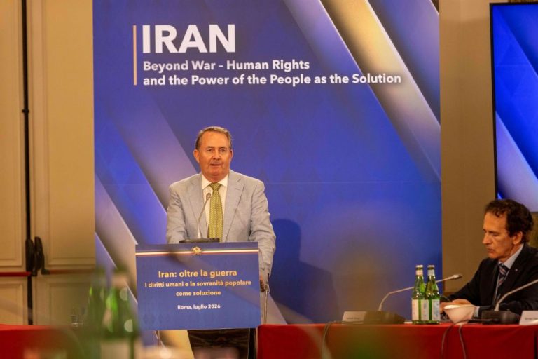 Sir Liam Fox, former UK Defense Secretary, speaks in support of Iranian democratic resistance in Rome, July 17, 2026.