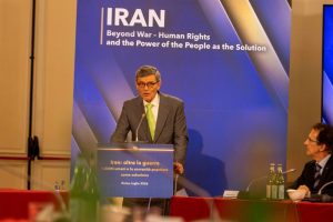 Former German Ambassador Hans-Ulrich Seidt addresses the international conference on Iran in Rome, July 17, 2026.