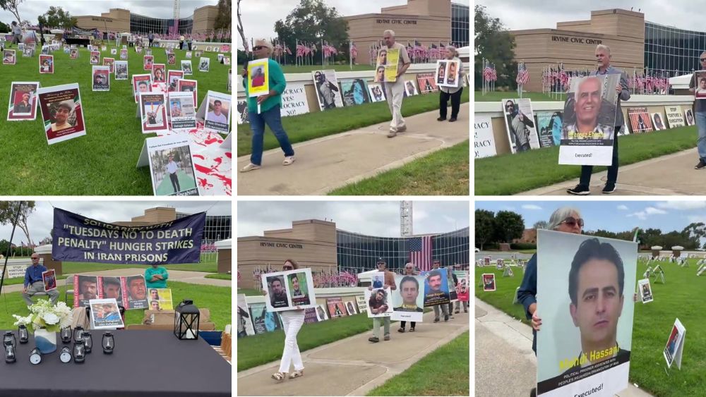 MEK supporters in Irvine rally against executions, back political prisoners, and call for regime change in Iran.