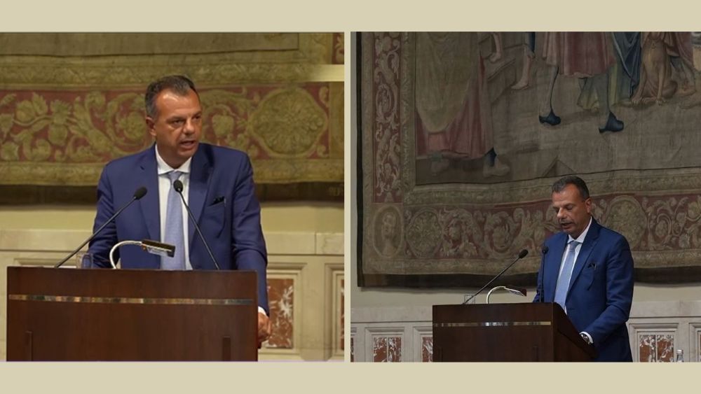 Italian Senator Marco Scurria addresses the Iran conference at the Italian Parliament, calling for freedom and democracy in Iran.