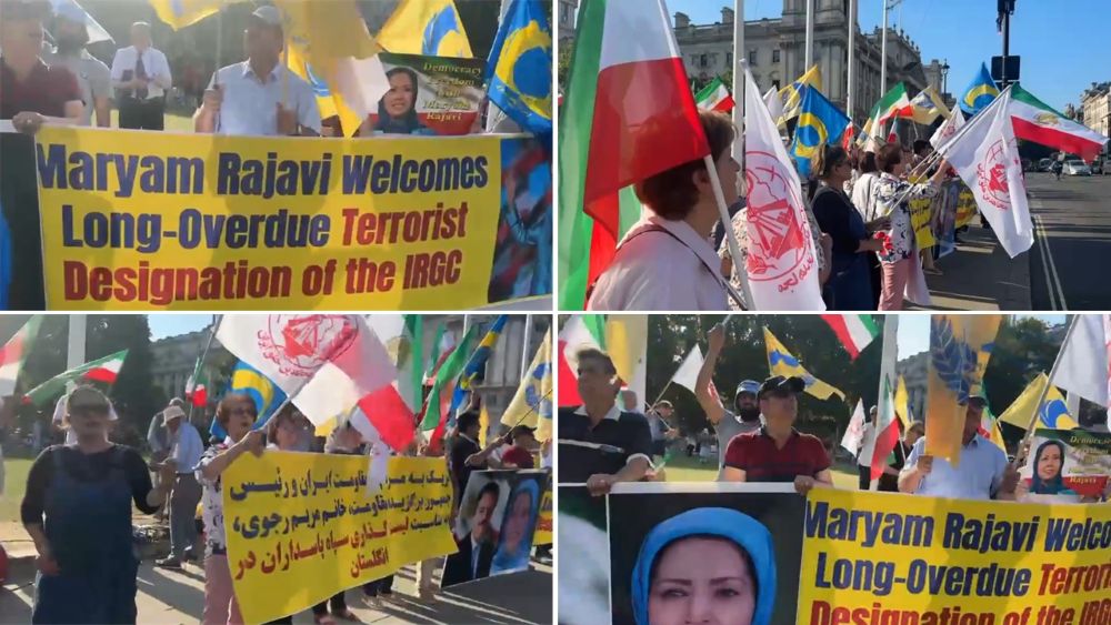 PMOI supporters rally outside UK Parliament, welcoming the IRGC's designation as a terrorist organization.