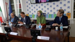 Maryam Rajavi, Rudy Giuliani and Giulio Terzi at the Luigi Einaudi Foundation conference in Rome, July 17, 2026.