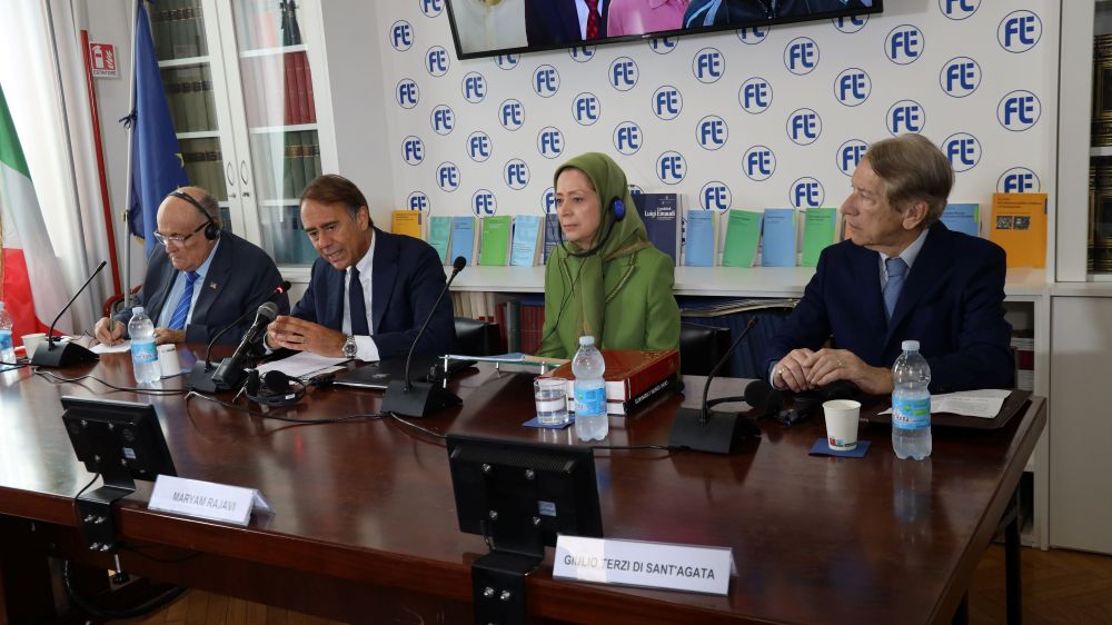 Maryam Rajavi, Rudy Giuliani and Giulio Terzi at the Luigi Einaudi Foundation conference in Rome, July 17, 2026.
