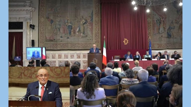 Rudy Giuliani addresses the Italian Parliament conference, urging support for Iran's democratic Resistance.