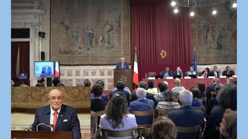 Rudy Giuliani addresses the Italian Parliament conference, urging support for Iran's democratic Resistance.