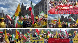 PMOI supporters gather at Dam Square in Amsterdam to honor 1988 massacre victims and condemn executions in Iran.