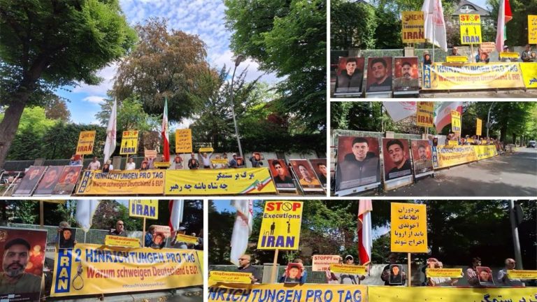 PMOI supporters continue their sit-in outside Iran’s embassy in Berlin, calling for an end to executions.