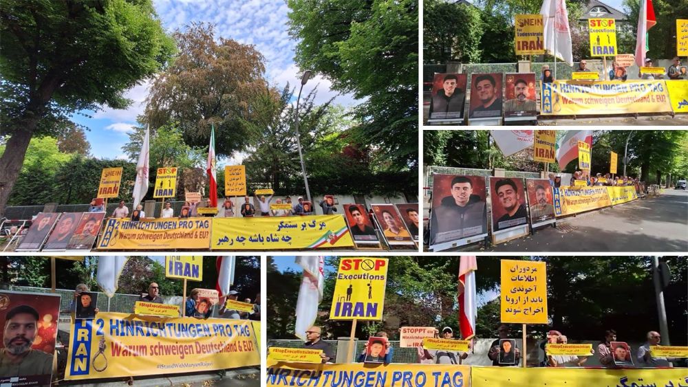 PMOI supporters continue their sit-in outside Iran’s embassy in Berlin, calling for an end to executions.