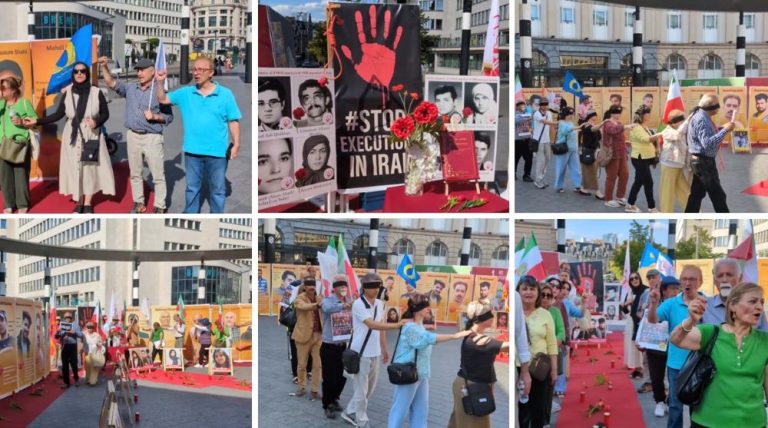 Iranian Resistance supporters rally in Brussels to honor 1988 massacre victims and demand justice.