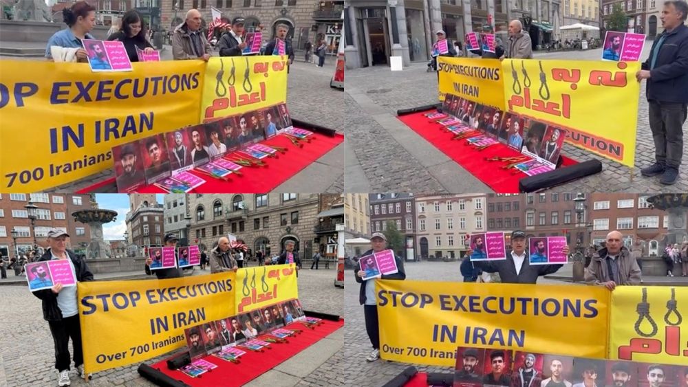 MEK supporters in Copenhagen protest the execution of January uprising protester Shahram Sadeghi.
