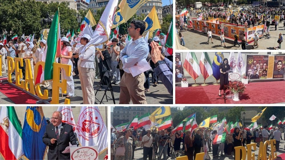 Iranian Resistance supporters hold a Trafalgar Square exhibition honoring 1988 massacre victims and demanding justice.