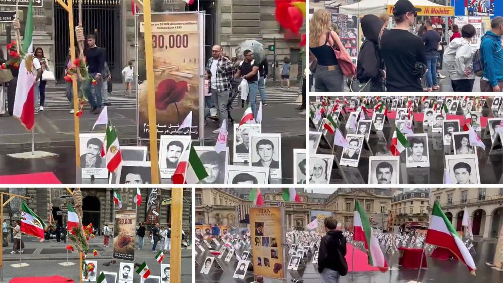 Iranian Resistance supporters display photographs of victims of executions at an anti-execution exhibition in Paris on August 29, 2026.