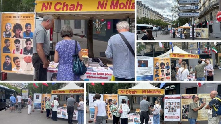 August 5, 2026: PMOI supporters in Paris hold a book table and photo exhibition condemning executions and calling for a free Iran.