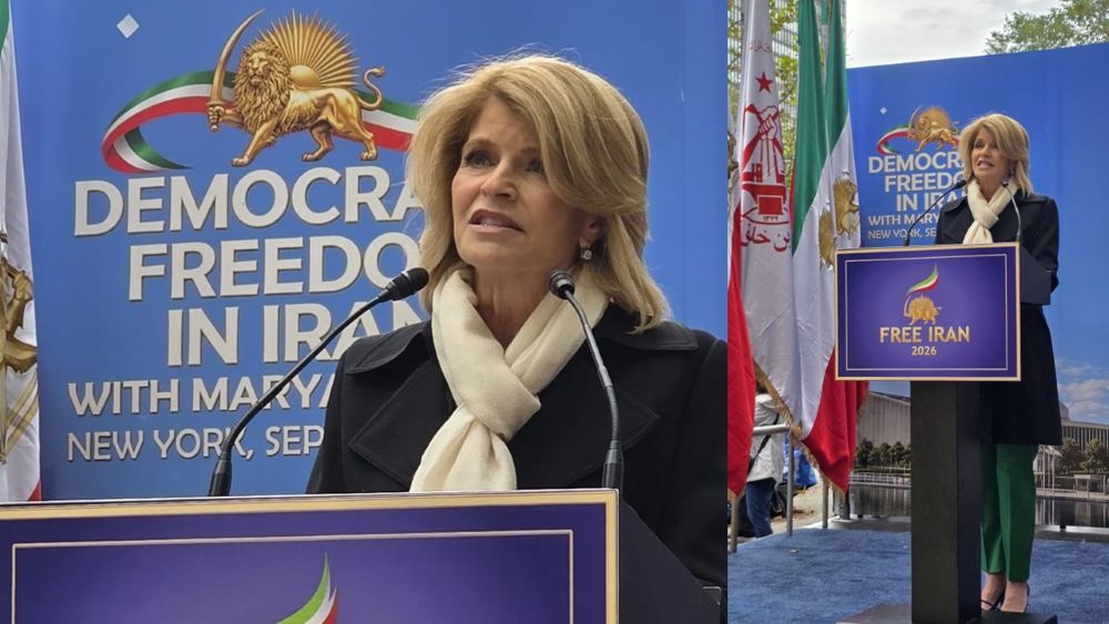 Ambassador Carla Sands speaks at NCRI rally outside UN, New York, Sept. 22, 2026, backing Iranian-led democratic change.