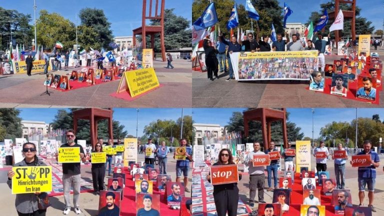 MEK supporters hold a Geneva photo exhibition honoring uprising victims and executed political prisoners, calling to end executions in Iran – Sept 21, 2026.