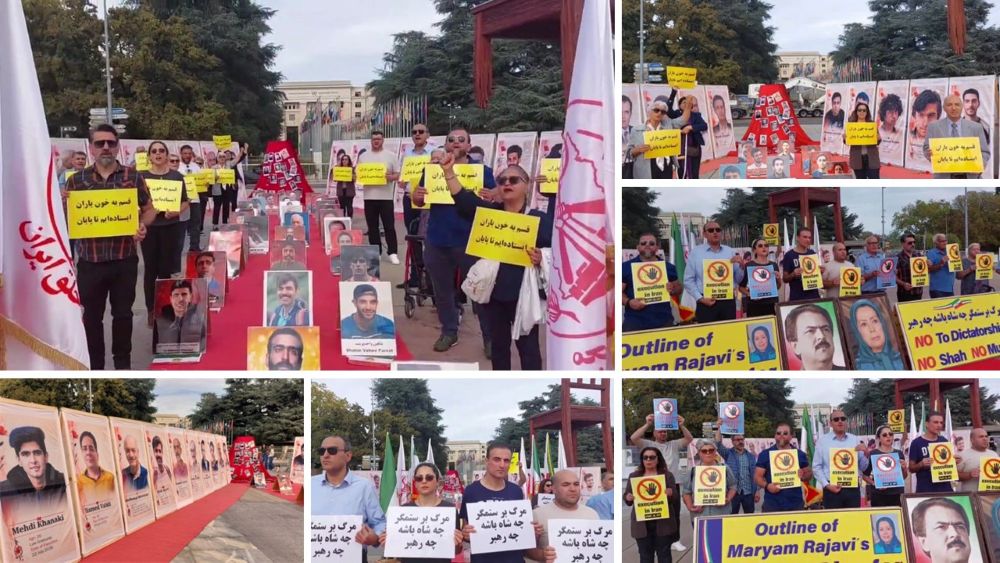 PMOI supporters hold a photo exhibition outside the UN in Geneva during the Human Rights Council session.