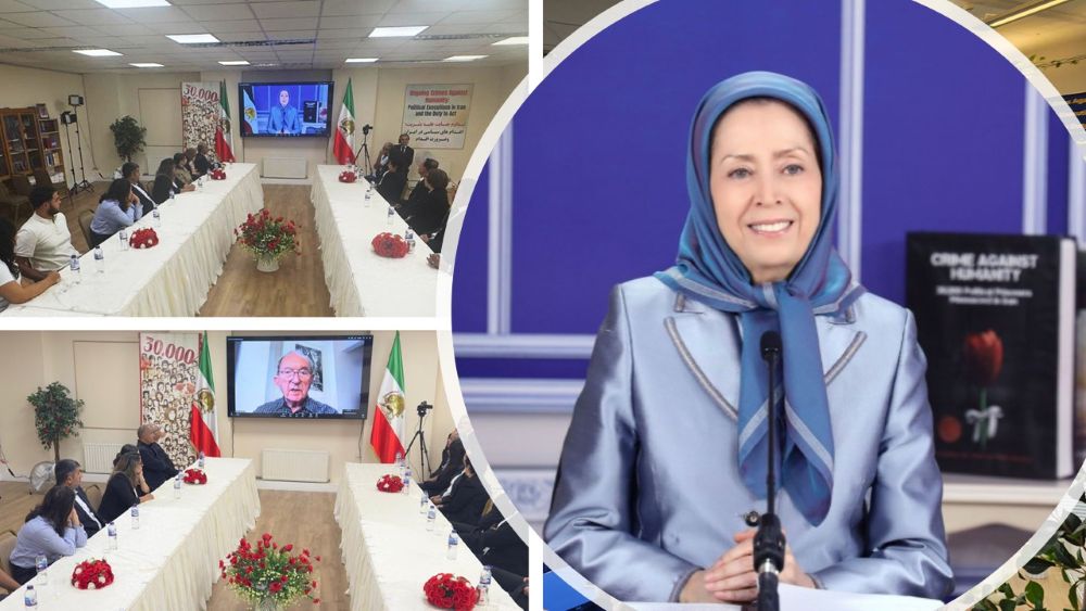 Maryam Rajavi addresses a conference on justice for victims of Iran’s 1988 massacre.