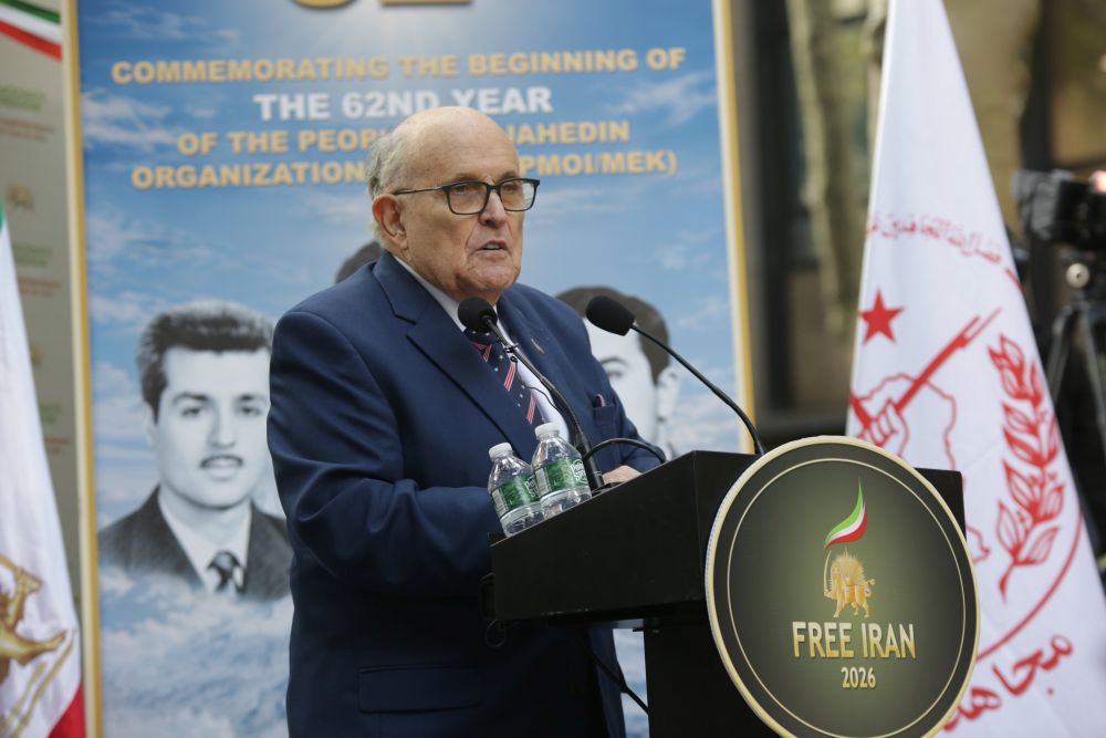 Rudy Giuliani addresses Iranian Americans and supporters of the NCRI outside the UN in New York on September 23, 2026.