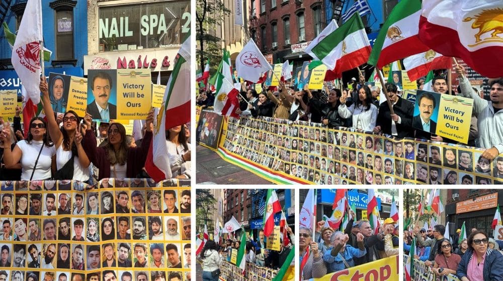 Iranian Resistance supporters protest at Pezeshkian’s NYC hotel against executions and the mullahs’ dictatorship.