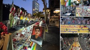 Iranian Resistance supporters display portraits of executed political prisoners and protesters with candles near the UN in New York.