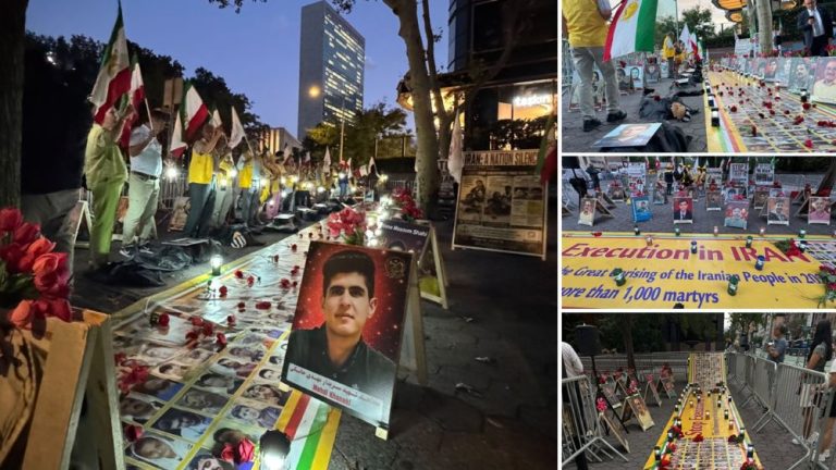 Iranian Resistance supporters display portraits of executed political prisoners and protesters with candles near the UN in New York.