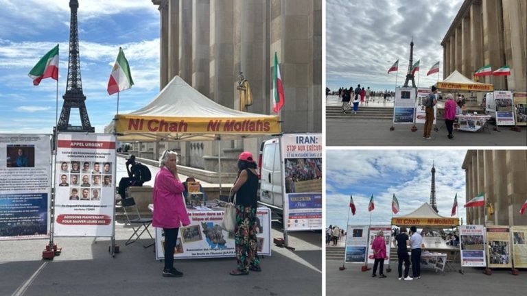 Paris – Sept 3, 2026: PMOI supporters hold a book table and photo exhibition against executions in Iran.