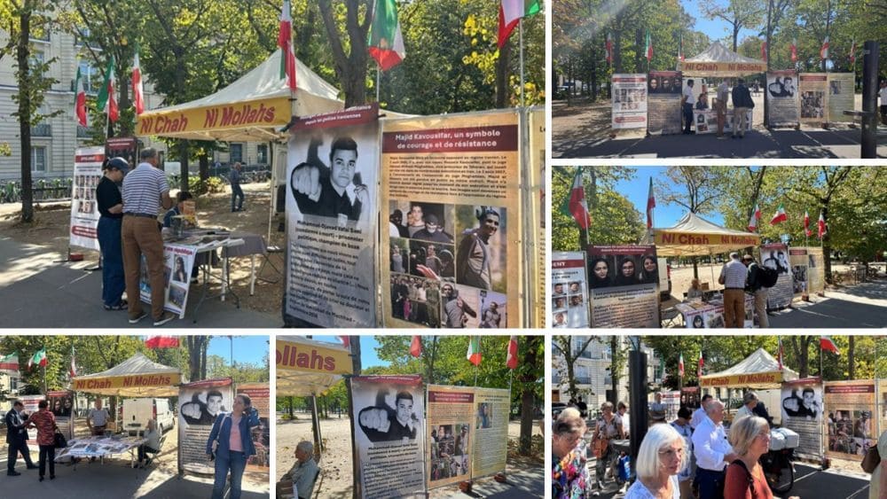 Paris – Sept. 15, 2026: PMOI supporters hold a book table and photo exhibition highlighting executions in Iran and calling for accountability for human rights violations.