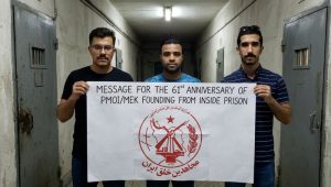 PMOI political prisoners Meysam Dehbanzadeh, Javad Vafaei, and Mohammad Hassani commemorate the 61st anniversary of the founding of the PMOI.
