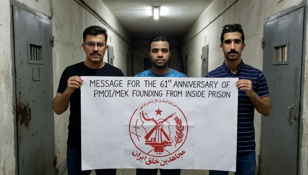 PMOI political prisoners Meysam Dehbanzadeh, Javad Vafaei, and Mohammad Hassani commemorate the 61st anniversary of the founding of the PMOI.