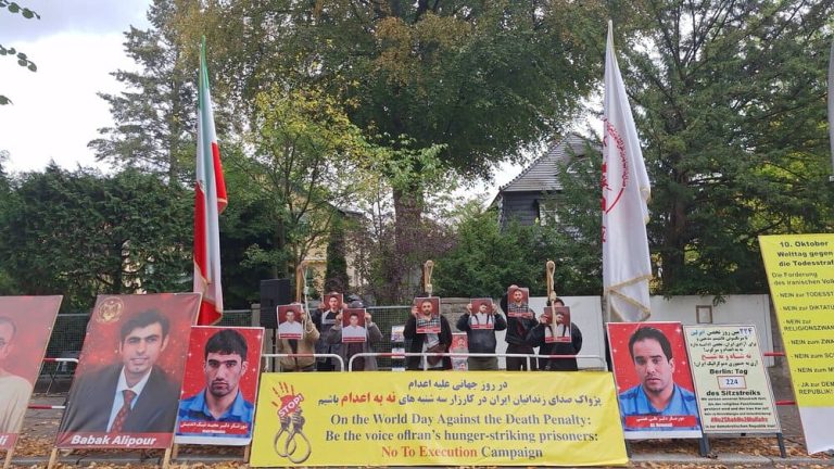 PMOI supporters in Berlin protest Iran’s executions ahead of World Day Against the Death Penalty.