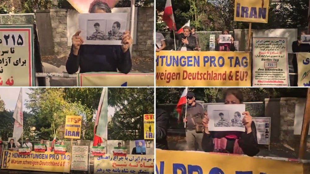 PMOI supporters mark 215 days of protest in Berlin and condemn the execution of Ali Hemmati and Majid Nikandish.