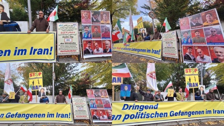 Day 241: PMOI supporters outside Iranian embassy in Berlin oppose executions and back NCRI’s democratic republic.