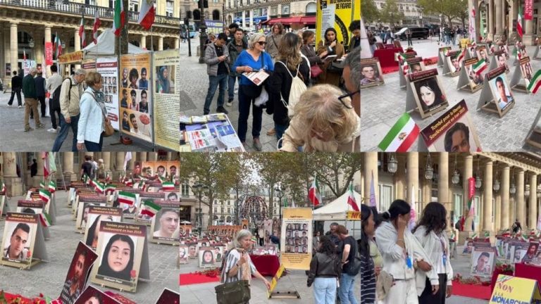 Photos of execution victims displayed in Paris to honor their memory and condemn executions in Iran.