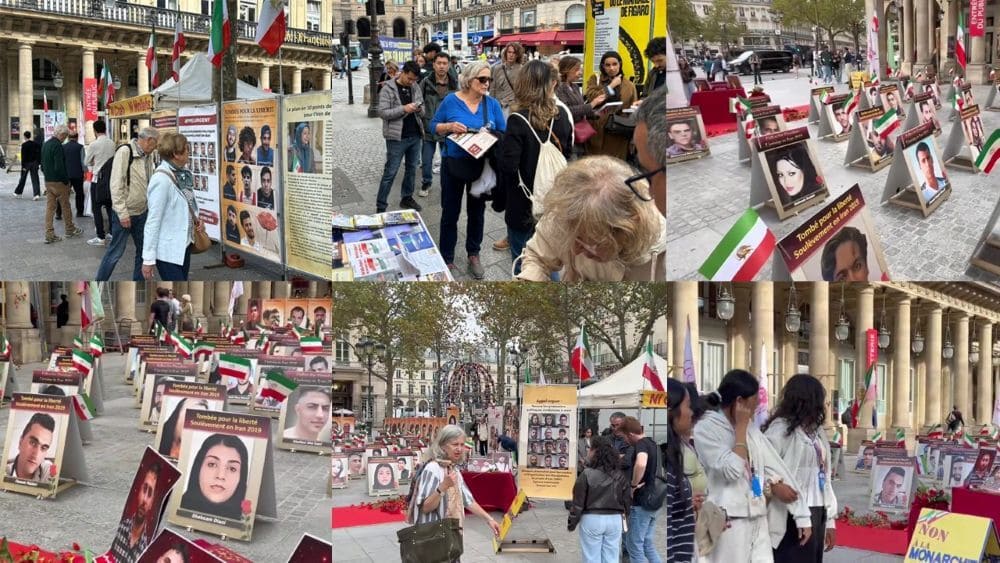Photos of execution victims displayed in Paris to honor their memory and condemn executions in Iran.