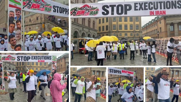 Stockholm, Oct 10: Resistance supporters complete 5K run in heavy rain opposite Parliament, demanding #StopExecutionsInIran.